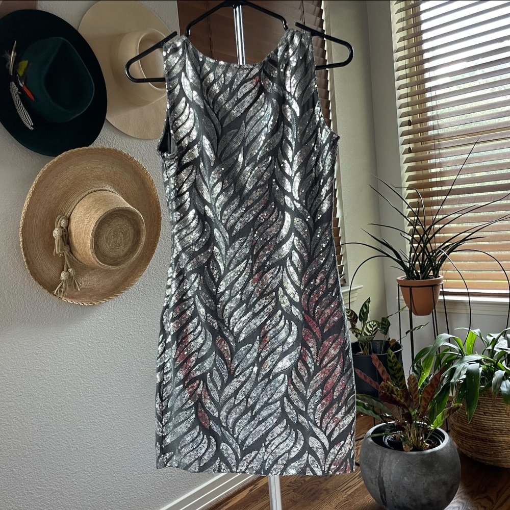 Silver sequin fitted sheath mini dress